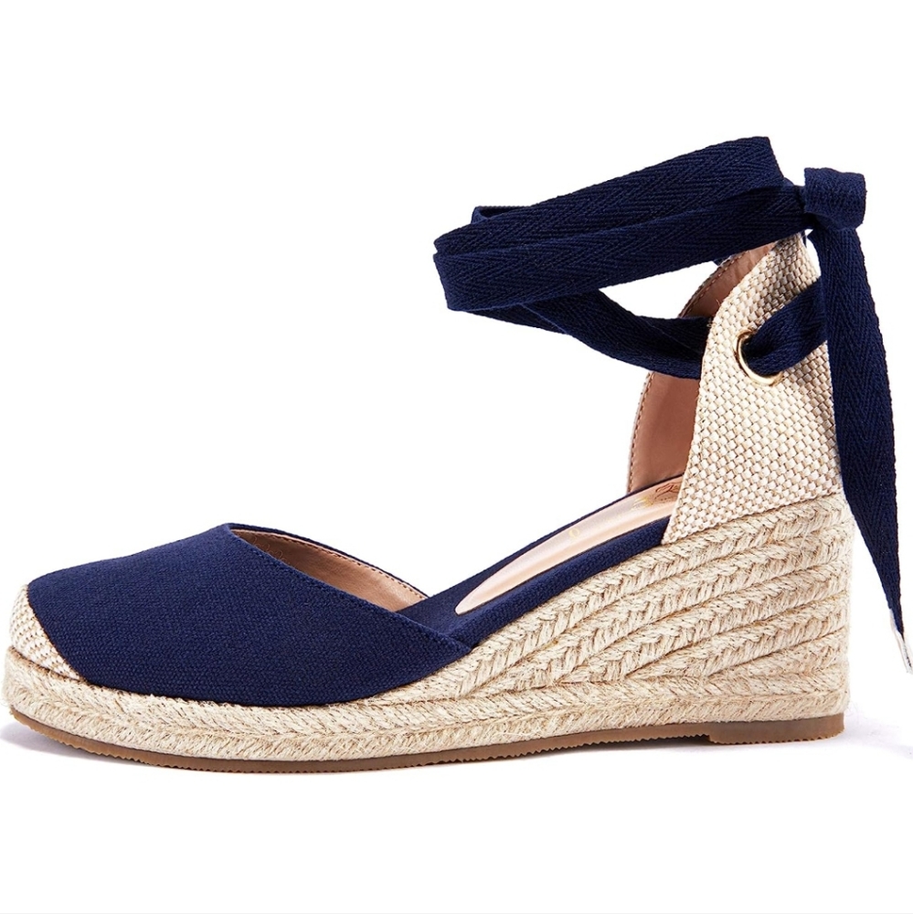 Navy Platform Closed Toe Espadrille Sandals Lace Up - Picture 3 of 6